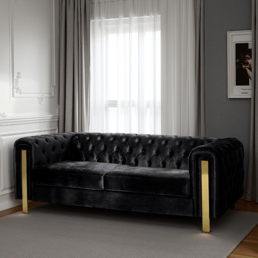 Nua Sofa, Chesterfield Tufted Black Velvet, 84 Inch, Modern Gold Legs By Casagear Home