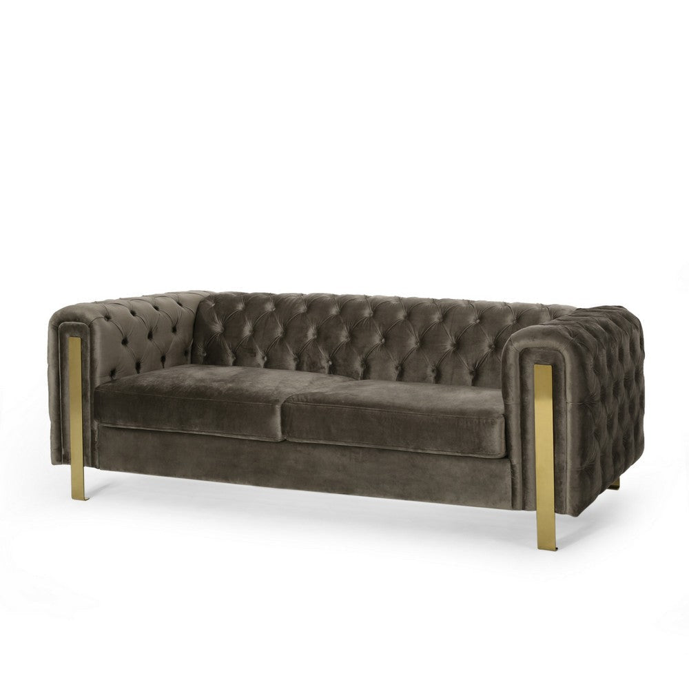 Nua Sofa, Chesterfield Tufted Gray Velvet, 84 Inch, Modern Gold Legs By Casagear Home