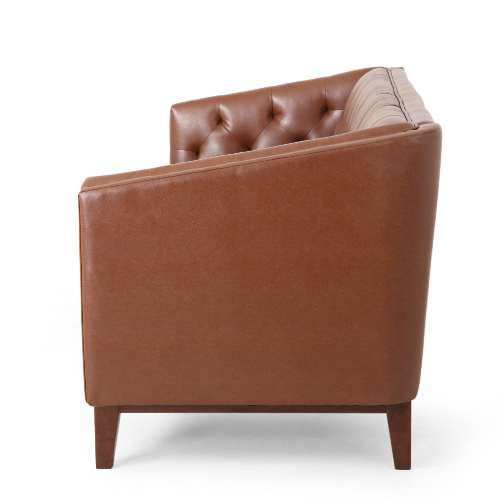 Vella Sofa Pull Point Back 81 Inch Tufted Light Brown Faux Leather By Casagear Home BM320522