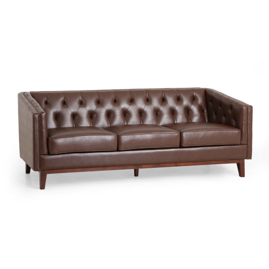 Vella Sofa, Pull Point Back, 81 Inch, Tufted Dark Brown Faux Leather By Casagear Home