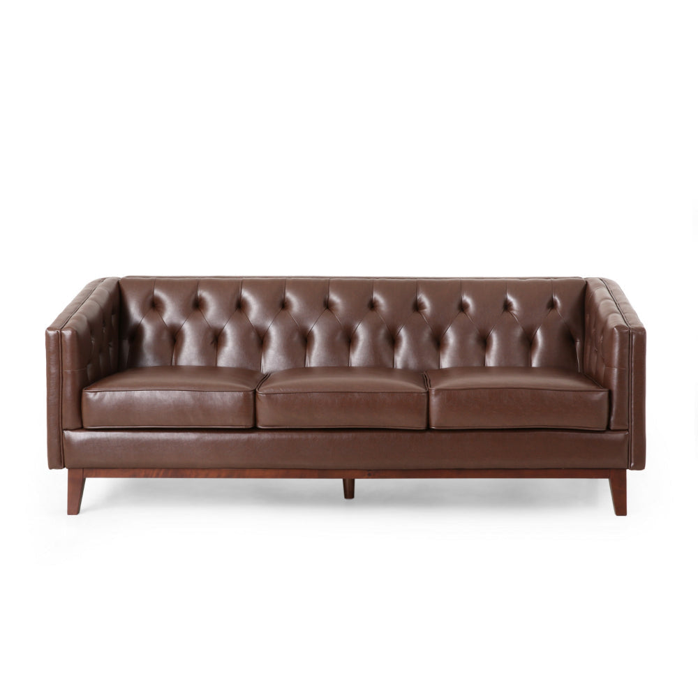 Vella Sofa Pull Point Back 81 Inch Tufted Dark Brown Faux Leather By Casagear Home BM320523