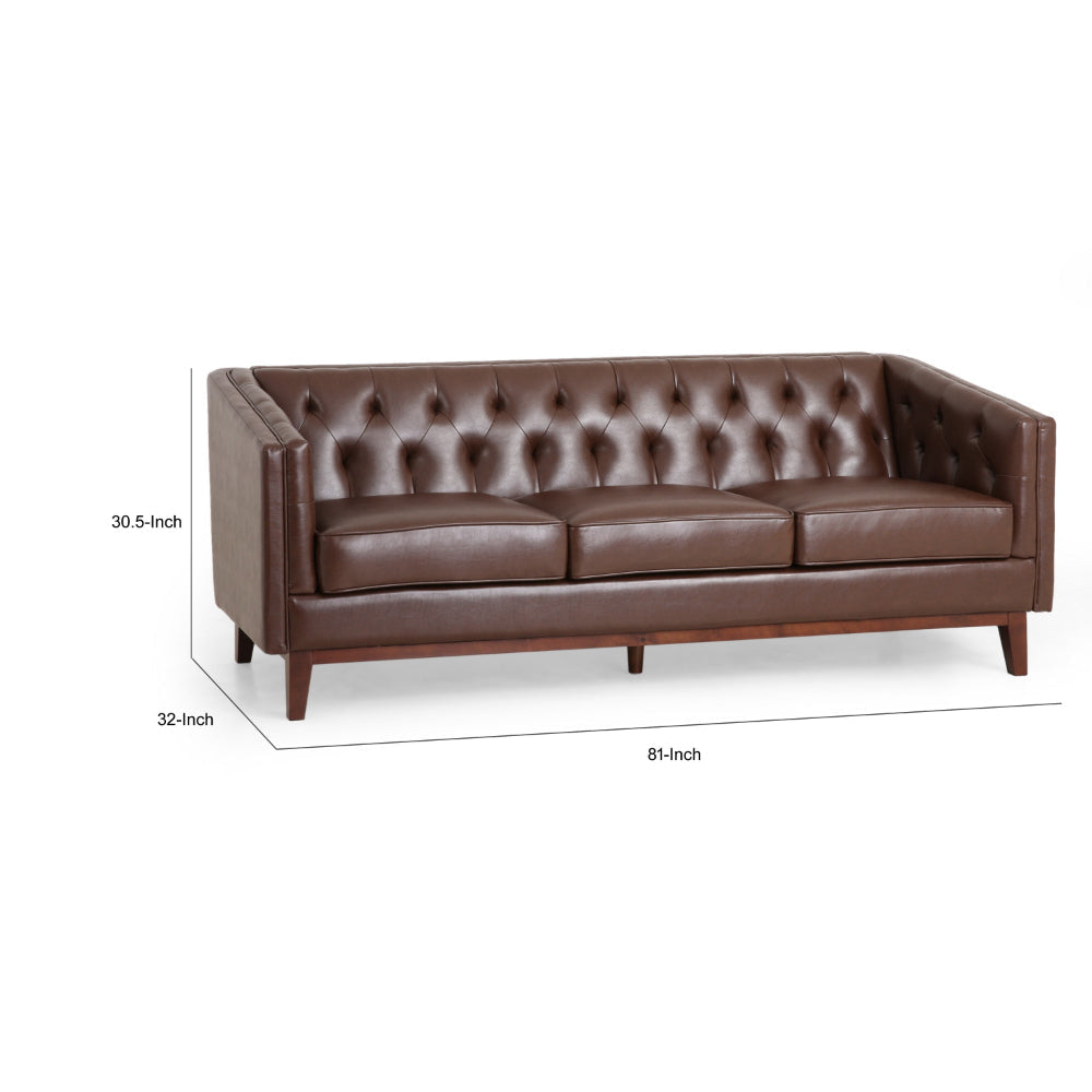 Vella Sofa Pull Point Back 81 Inch Tufted Dark Brown Faux Leather By Casagear Home BM320523