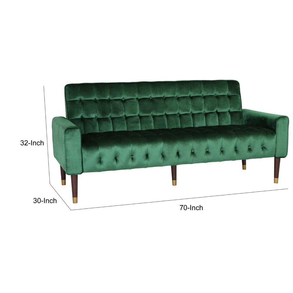 Covia Sofa Straight Tufted Green Velvet Upholstery 70 Inch Gold Tip Legs By Casagear Home BM320524