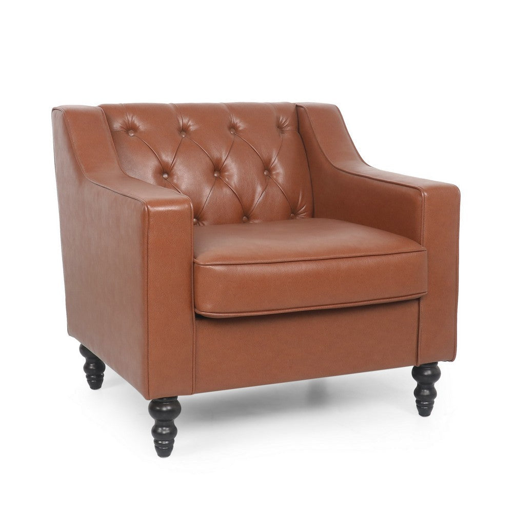 Accent Club Chair, Button Tufted, Diamond Stitch Light Brown Faux Leather By Casagear Home