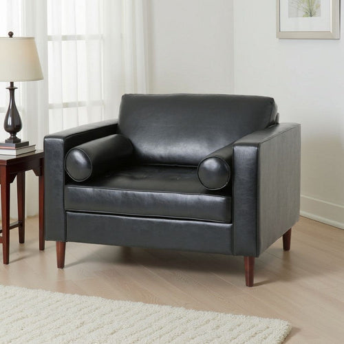 Accent Club Chair, 45 Inch Padded Seat, Birch Wood Legs, Black Faux Leather By Casagear Home
