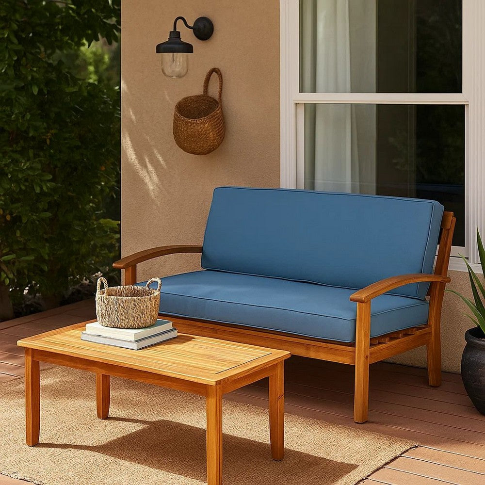 Outdoor Loveseat and Coffee Table Set, Blue Cushions, Brown Acacia Wood By Casagear Home