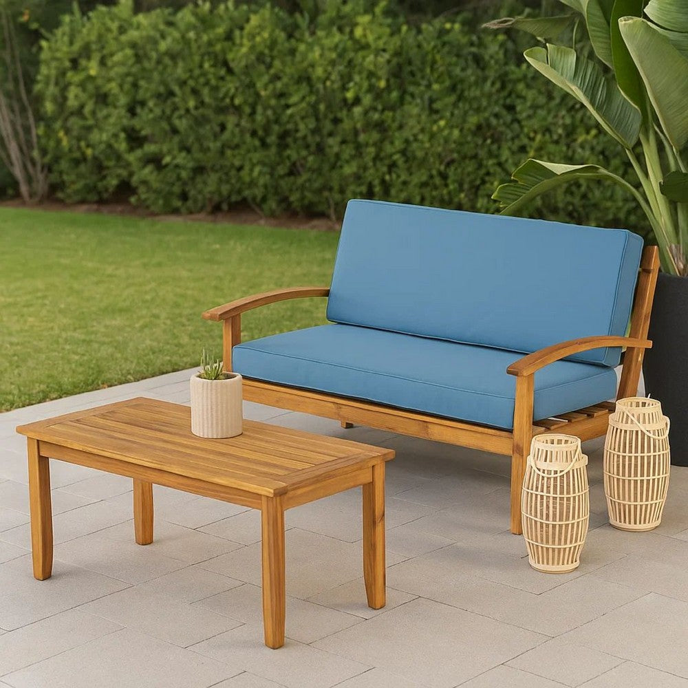 Outdoor Loveseat and Coffee Table Set, Blue Cushions, Brown Acacia Wood By Casagear Home