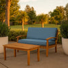 Outdoor Loveseat and Coffee Table Set, Blue Cushions, Brown Acacia Wood By Casagear Home
