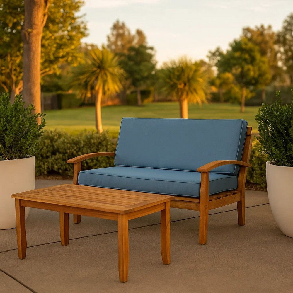 Outdoor Loveseat and Coffee Table Set, Blue Cushions, Brown Acacia Wood By Casagear Home