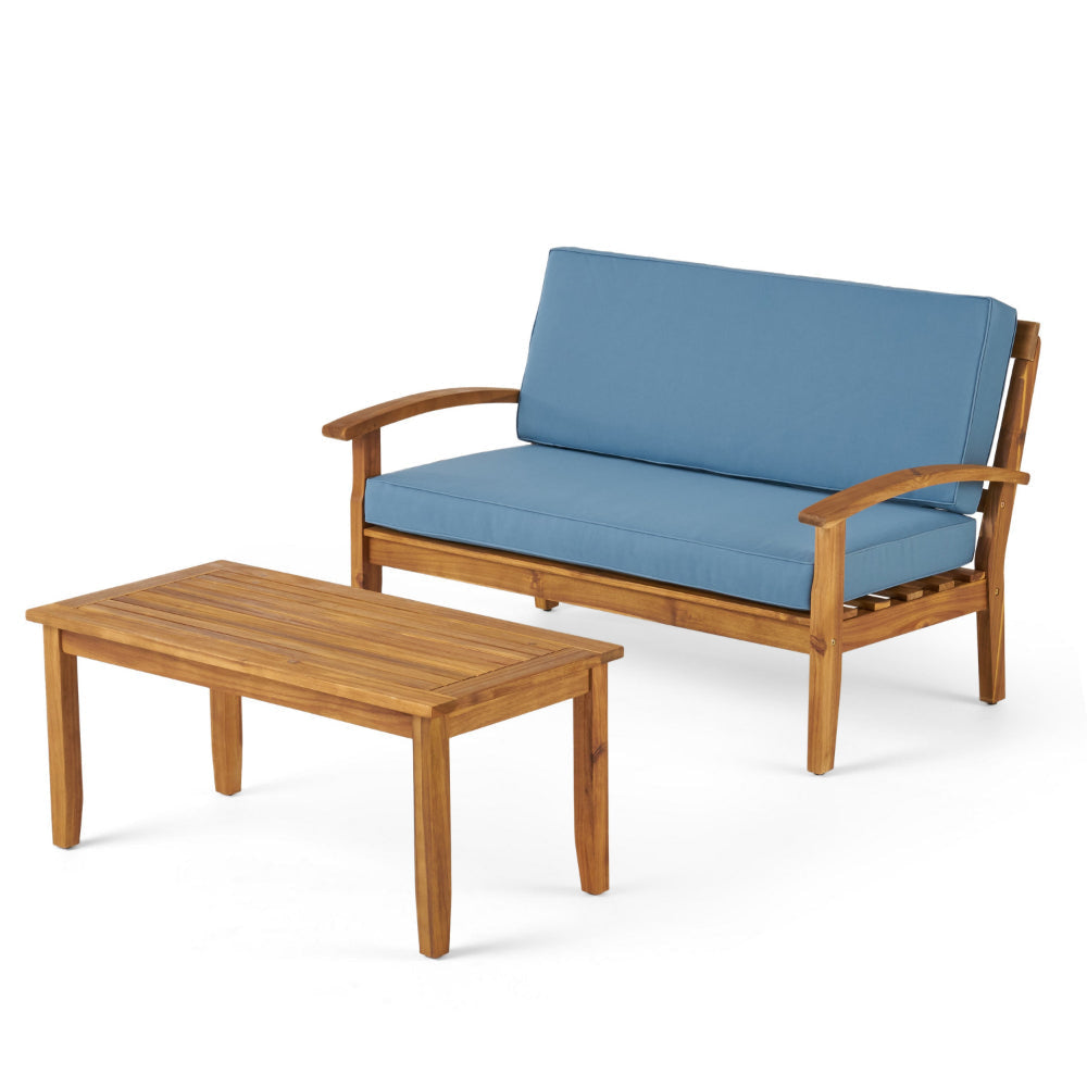 Outdoor Loveseat and Coffee Table Set, Blue Cushions, Brown Acacia Wood By Casagear Home