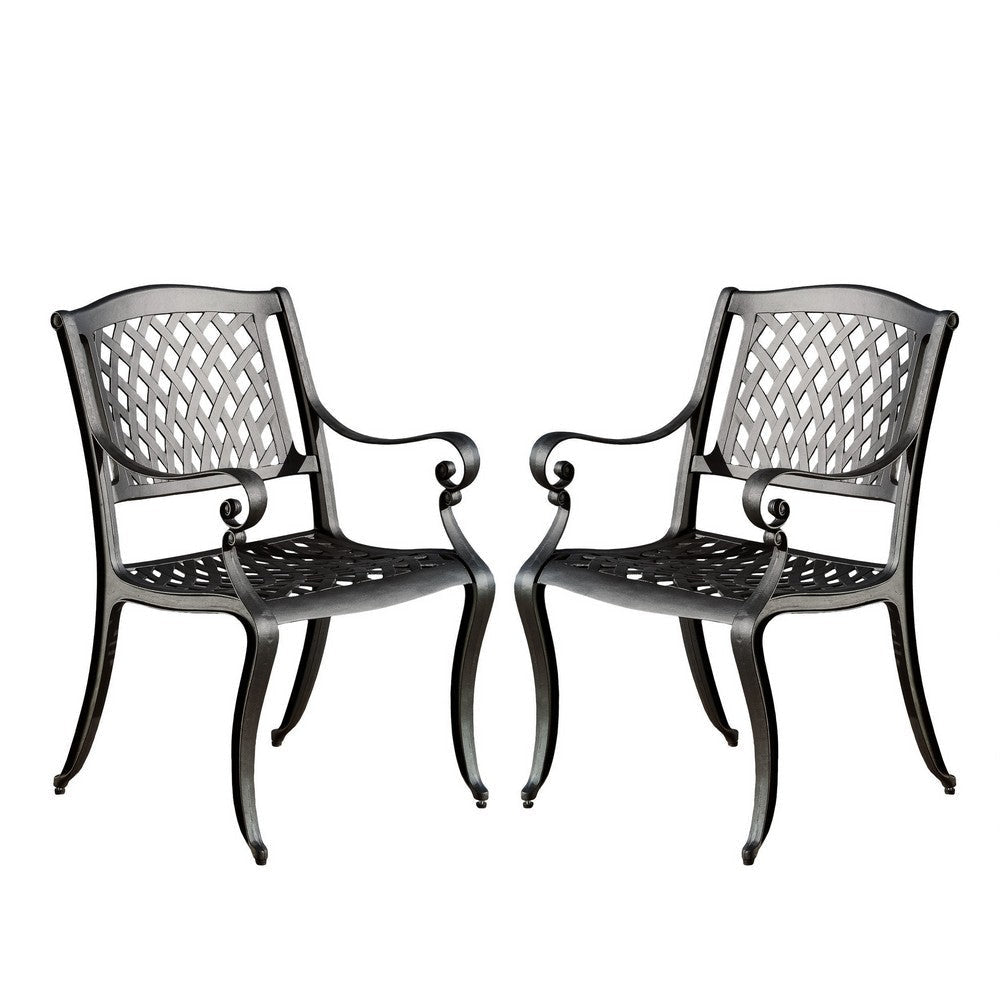 Cay Outdoor Dining Chair Set of 2, Mesh Style Back, Black Cast Aluminium By Casagear Home