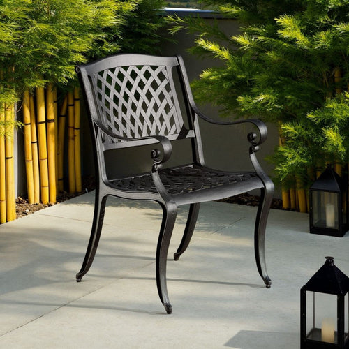 Cay Outdoor Dining Chair Set of 2, Mesh Style Back, Black Cast Aluminium By Casagear Home