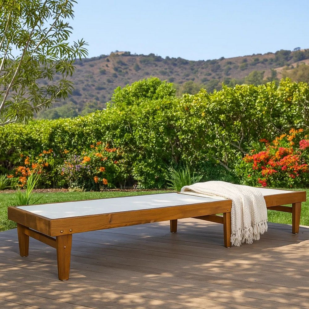 Liam Outdoor Chaise Lounger, Ergonomic White Mesh Seat, Brown Acacia Wood By Casagear Home