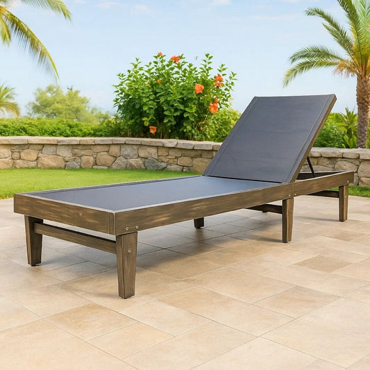 Liam Outdoor Chaise Lounger, 78 Inch Mesh Seat, Dark Gray Acacia Wood Frame By Casagear Home