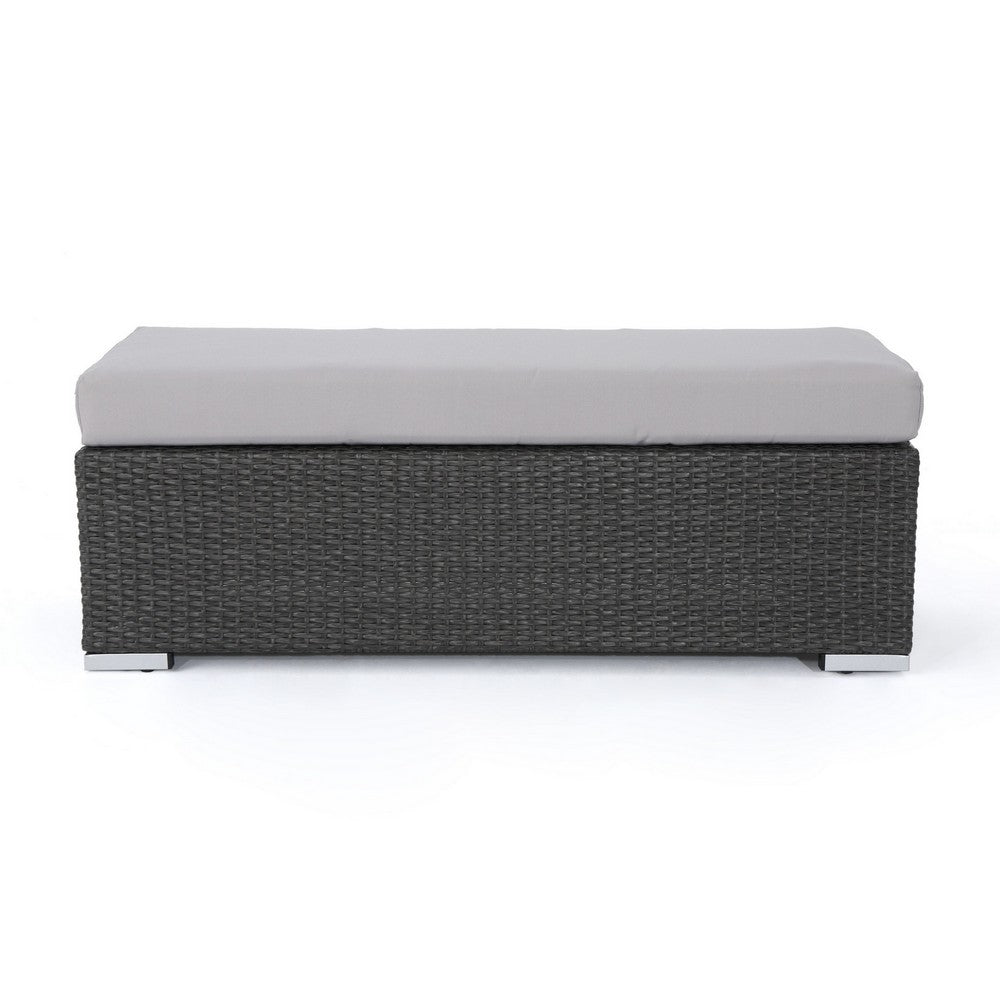 Sanie Outdoor Bench, 47 Inch, Gray Resin Wicker Weave, Silver Polyester By Casagear Home