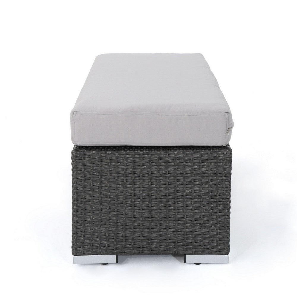 Sanie Outdoor Bench, 47 Inch, Gray Resin Wicker Weave, Silver Polyester By Casagear Home