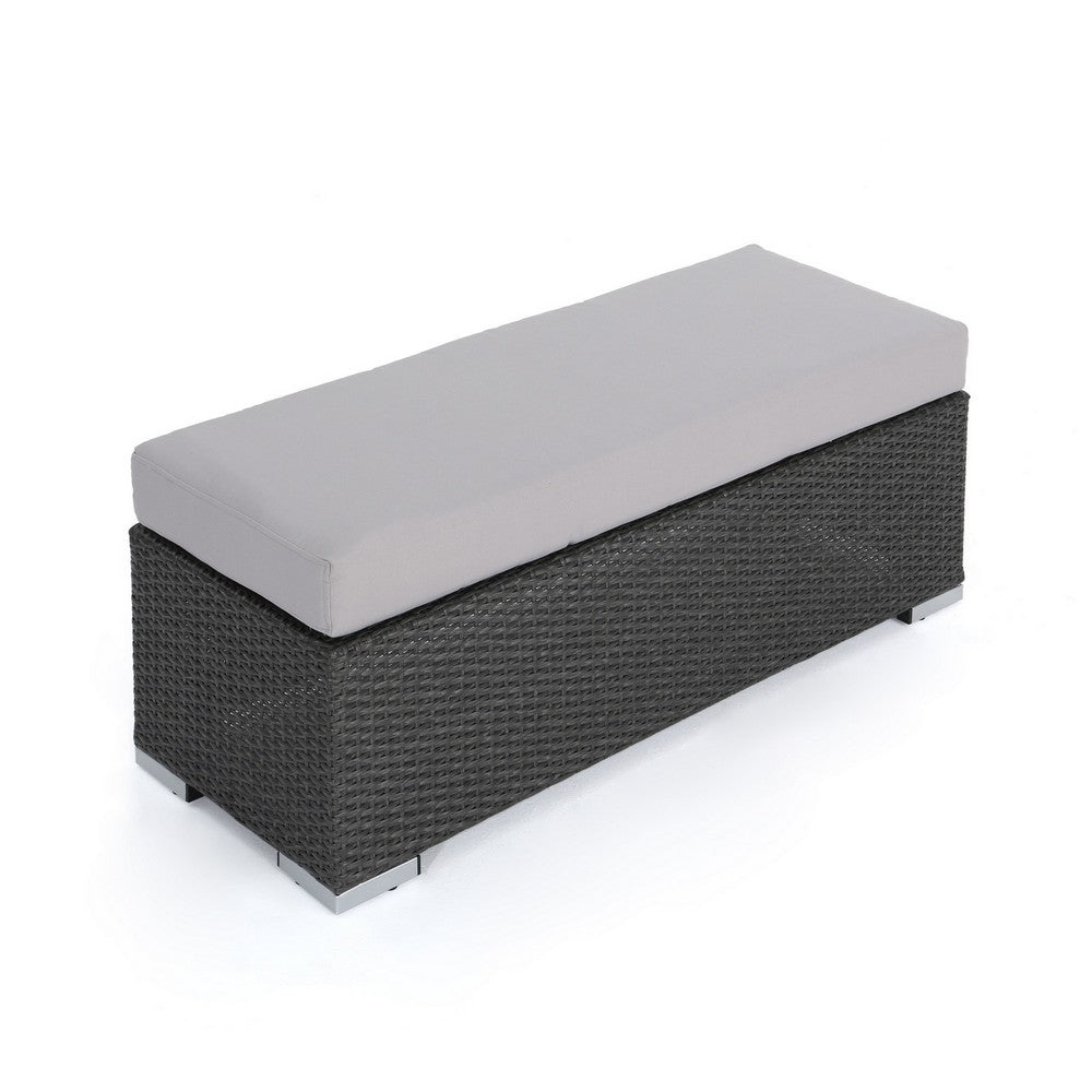 Sanie Outdoor Bench, 47 Inch, Gray Resin Wicker Weave, Silver Polyester By Casagear Home