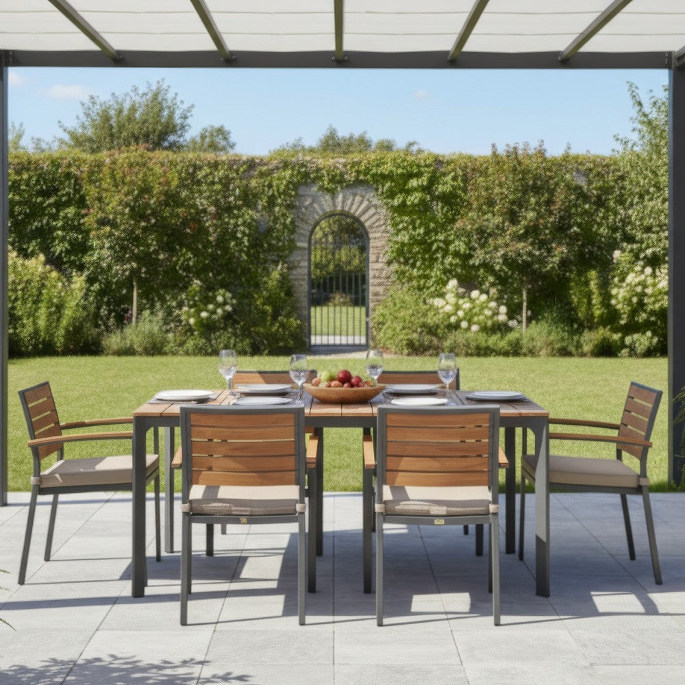 Outdoor Dining Table, 70 Inch Brown Wood, Gray Weather-Resistant Aluminium By Casagear Home