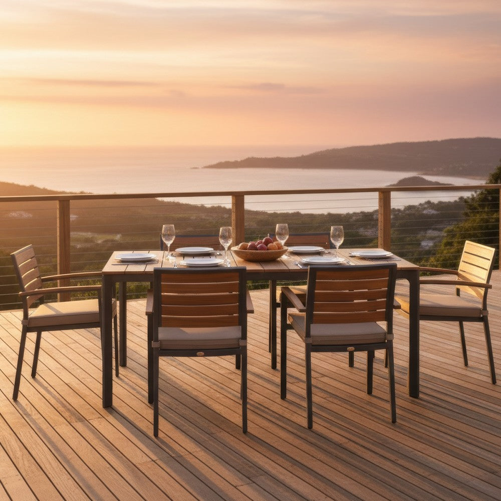 Outdoor Dining Table, 70 Inch Brown Wood, Gray Weather-Resistant Aluminium By Casagear Home
