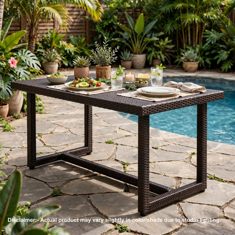 Sanie Outdoor Dining Table, 59 Inch Top, Iron Frame, Brown Resin Wicker By Casagear Home