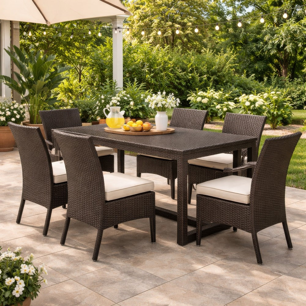 Sanie Outdoor Dining Table, 59 Inch Top, Iron Frame, Brown Resin Wicker By Casagear Home