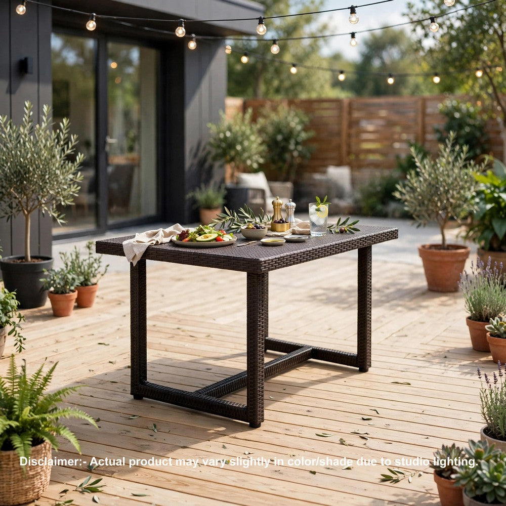 Sanie Outdoor Dining Table, 59 Inch Top, Iron Frame, Brown Resin Wicker By Casagear Home