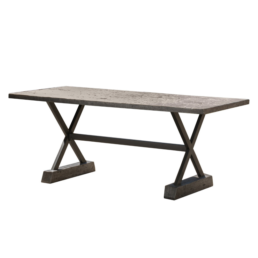 Outdoor Dining Table, 70 Inch Rectangular Concrete Top, Brown Metal Frame By Casagear Home