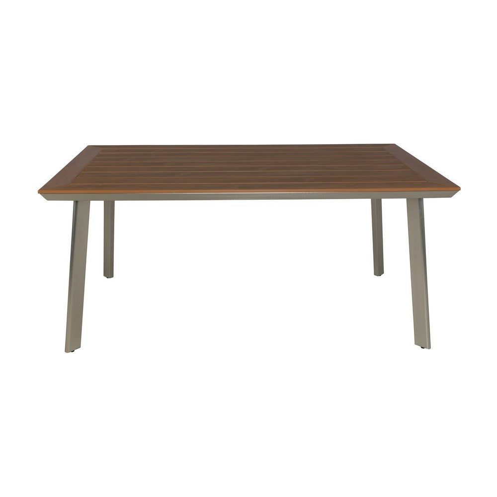 Outdoor Dining Table, 63 Inch Brown Eucalyptus Wood Top, Silver Metal Legs By Casagear Home