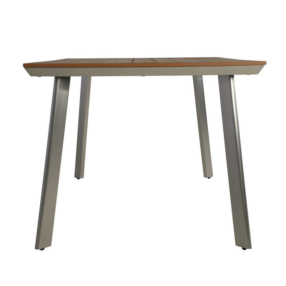 Outdoor Dining Table 63 Inch Brown Eucalyptus Wood Top Silver Metal Legs By Casagear Home BM320562