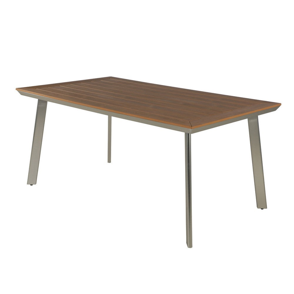 Outdoor Dining Table, 63 Inch Brown Eucalyptus Wood Top, Silver Metal Legs By Casagear Home