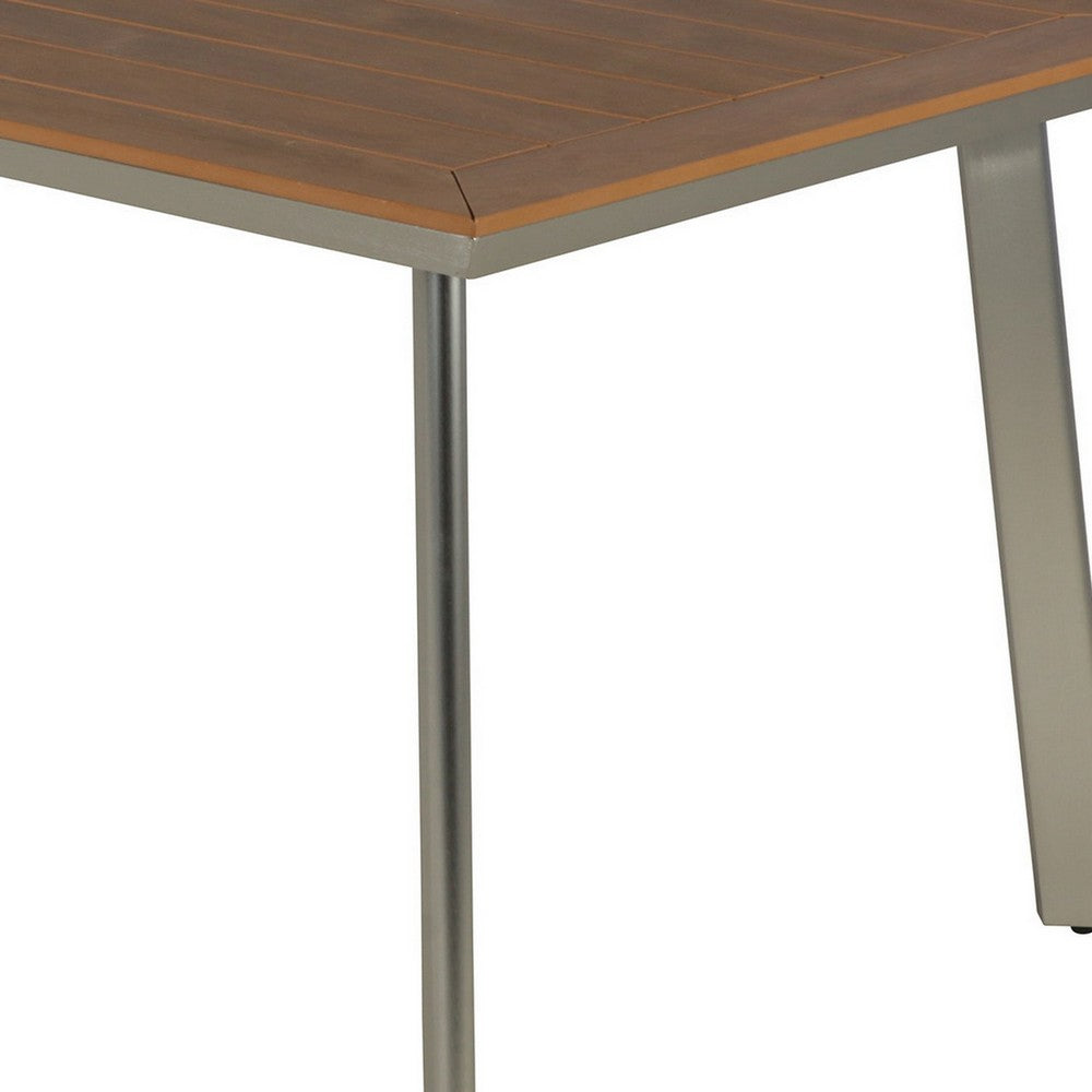 Outdoor Dining Table, 63 Inch Brown Eucalyptus Wood Top, Silver Metal Legs By Casagear Home