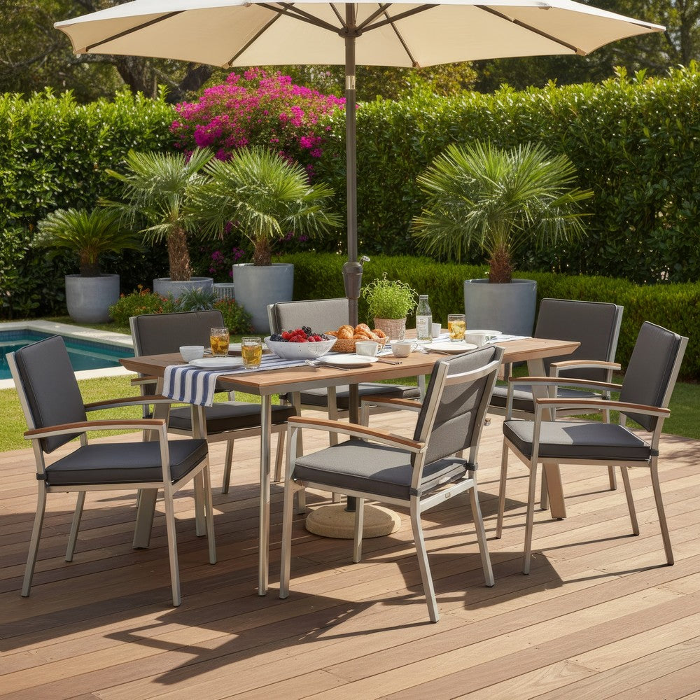 Outdoor Dining Table, 63 Inch Brown Eucalyptus Wood Top, Silver Metal Legs By Casagear Home