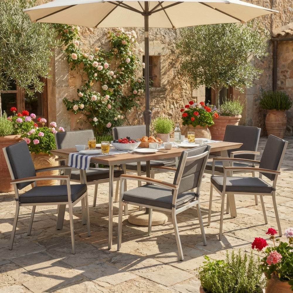 Outdoor Dining Table, 63 Inch Brown Eucalyptus Wood Top, Silver Metal Legs By Casagear Home