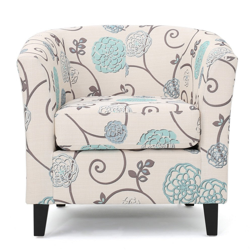 Accent Club Chair Round Arms Cream Blue Fabric Floral Details Birch Wood By Casagear Home BM320565