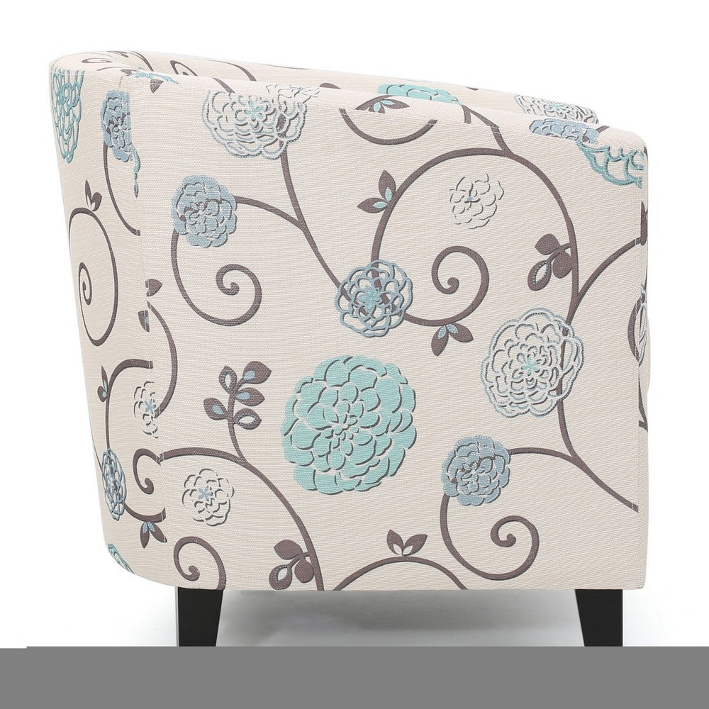 Accent Club Chair Round Arms Cream Blue Fabric Floral Details Birch Wood By Casagear Home BM320565