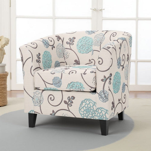 Accent Club Chair, Round Arms, Cream Blue Fabric Floral Details, Birch Wood By Casagear Home