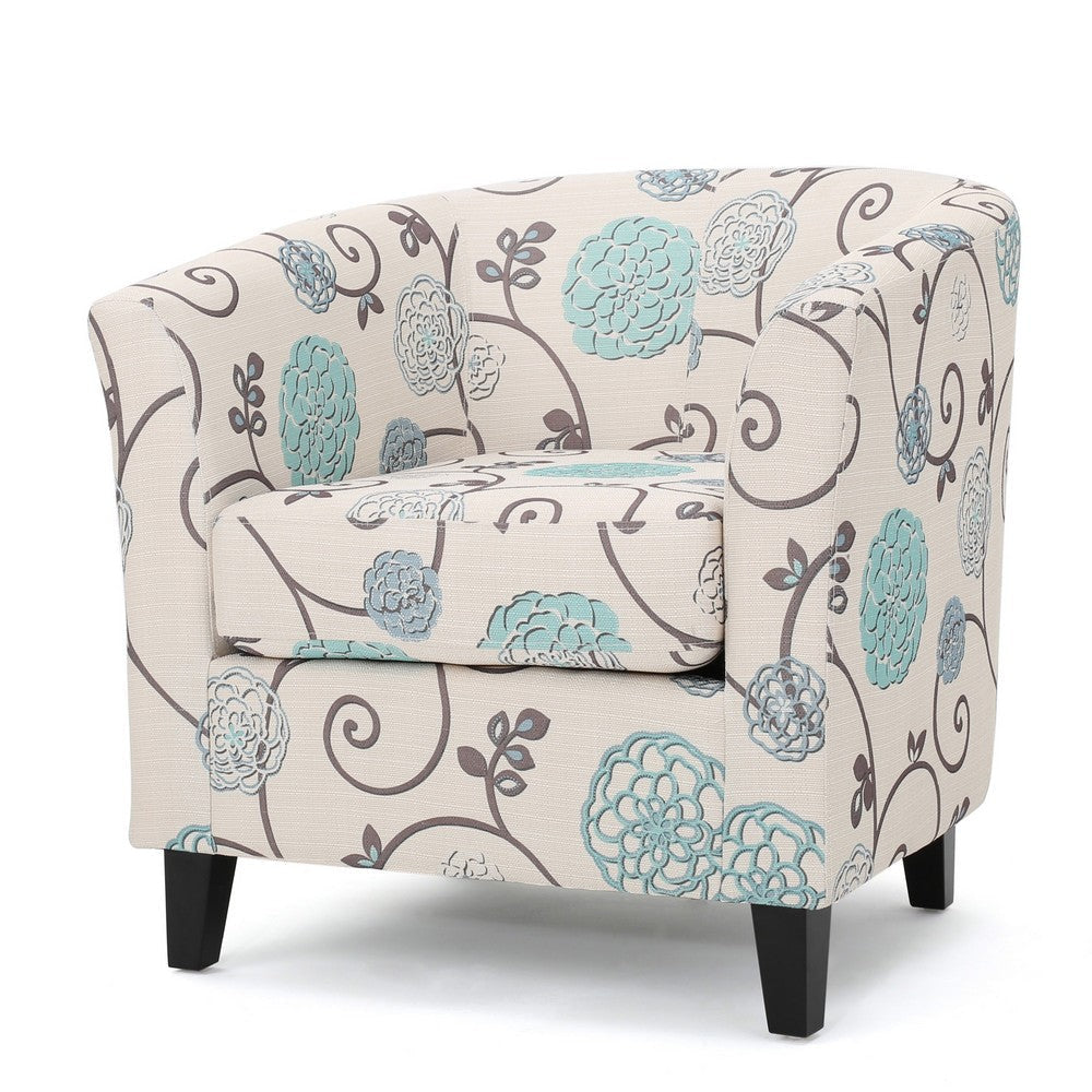 Accent Club Chair, Round Arms, Cream Blue Fabric Floral Details, Birch Wood By Casagear Home