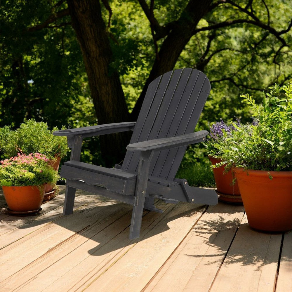 Outdoor Adirondack Chair with Cupholders, Foldable, Dark Gray Wood Finish By Casagear Home