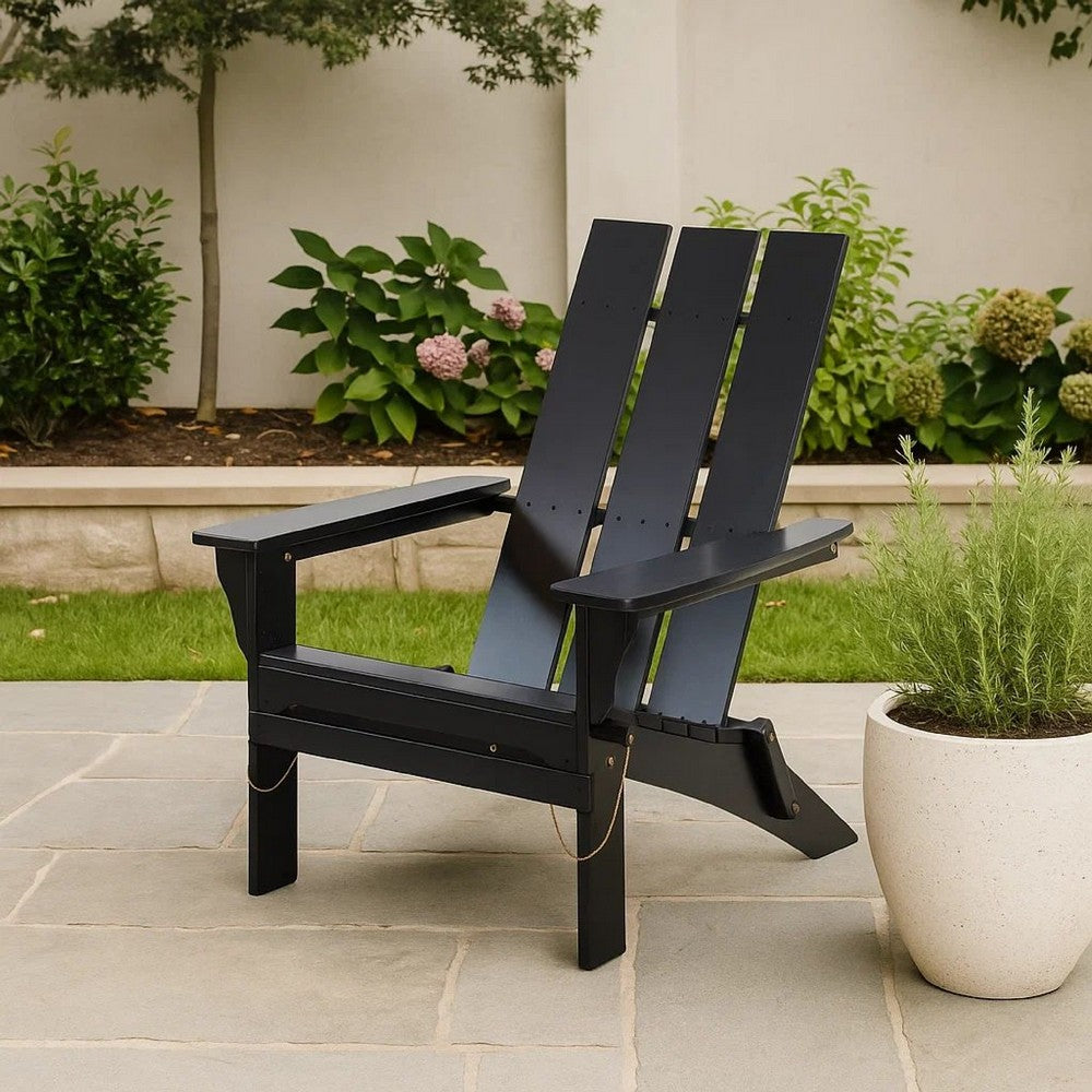 Foldable Outdoor Adirondack Chair, Rustic Black Steel and Acacia Wood By Casagear Home