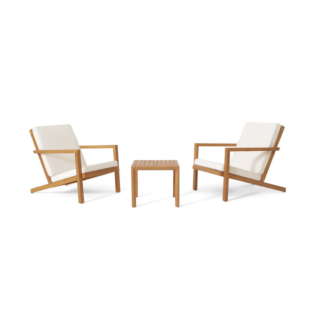 Liah Outdoor Patio Table Set, 2 Chairs, Brown Acacia Wood, Cream Polyester By Casagear Home