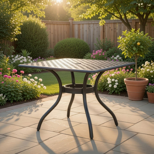 Cay Outdoor Dining Table, 40 Inch Square Top, Black Lattice Metal Design By Casagear Home