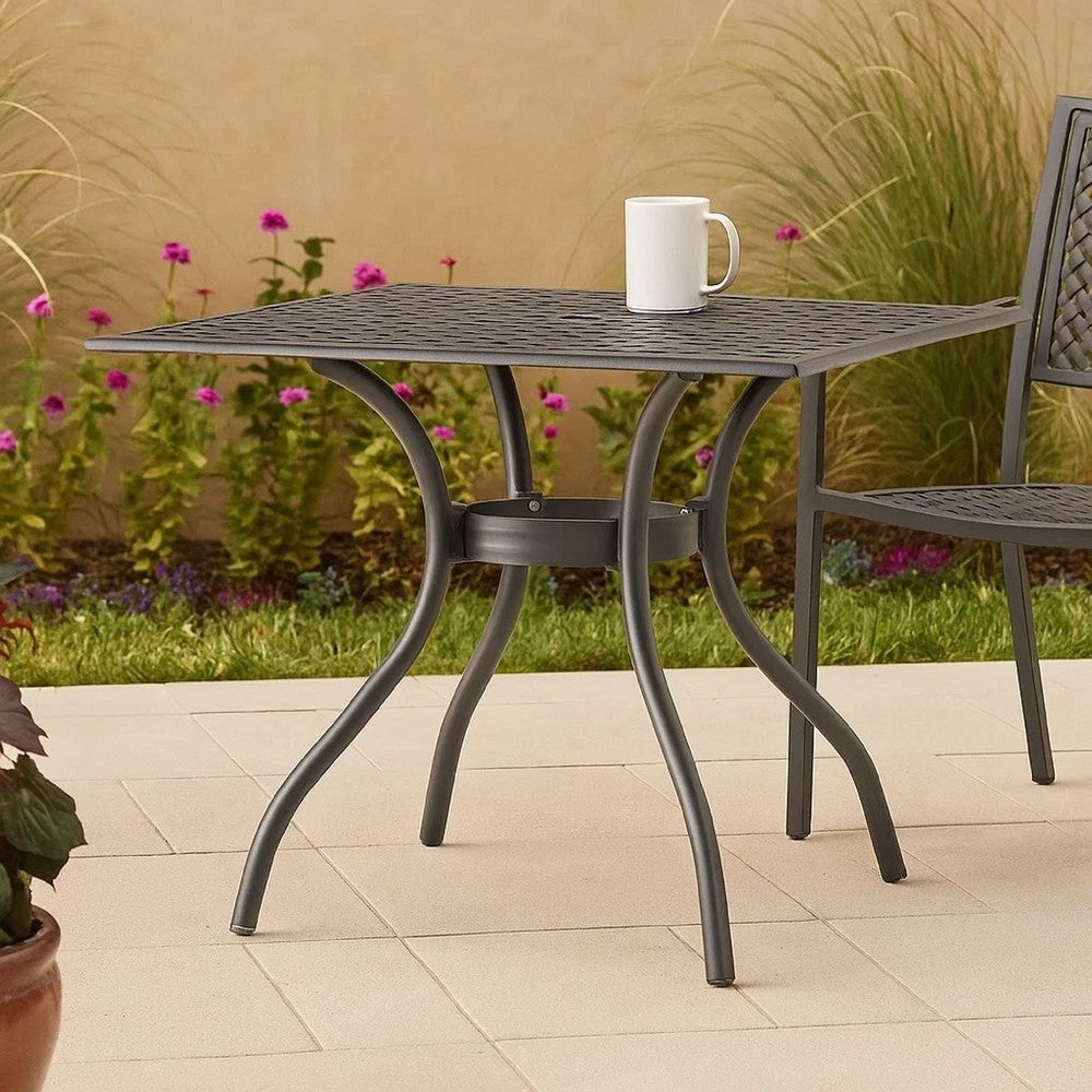 Cay Outdoor Dining Table, 40 Inch Square Top, Black Lattice Metal Design By Casagear Home