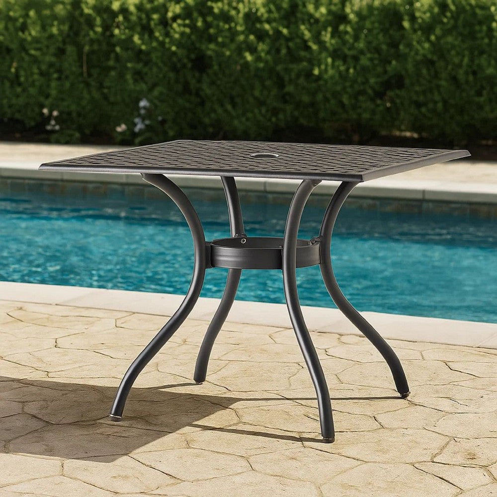 Cay Outdoor Dining Table, 40 Inch Square Top, Black Lattice Metal Design By Casagear Home