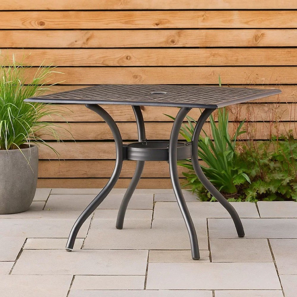 Cay Outdoor Dining Table, 40 Inch Square Top, Black Lattice Metal Design By Casagear Home