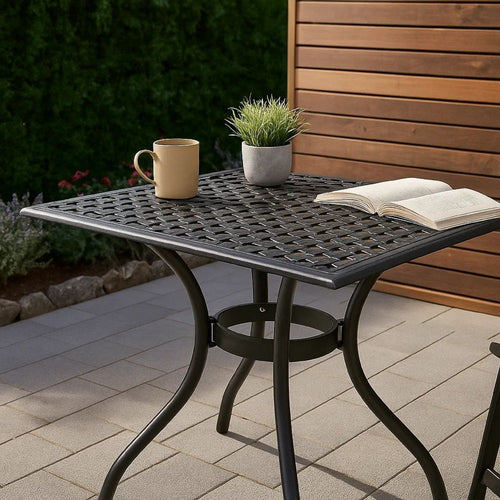 Cay Outdoor Dining Table, 40 Inch Square Top, Black Lattice Metal Design By Casagear Home