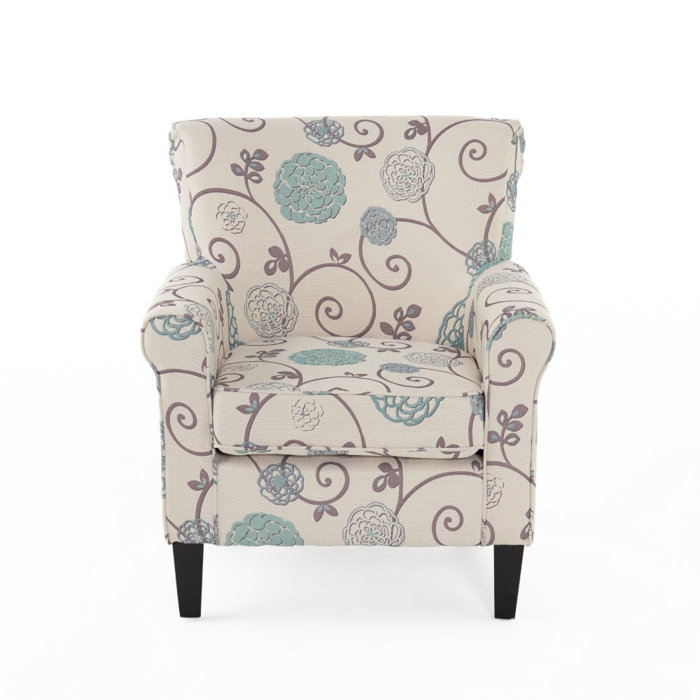 Accent Club Chair Classic Rolled Arms Floral White and Blue Fabric Design By Casagear Home BM320578