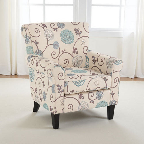 Accent Club Chair, Classic Rolled Arms, Floral White and Blue Fabric Design By Casagear Home