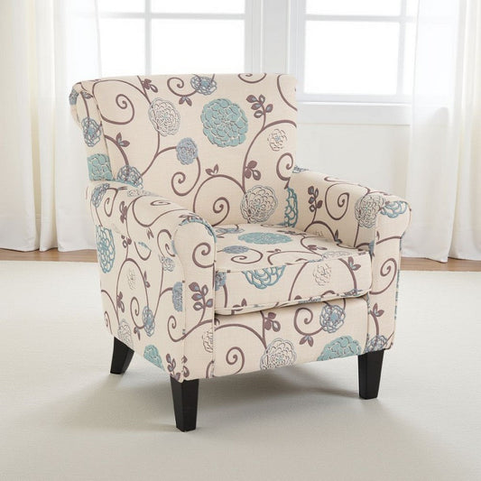 Accent Club Chair, Classic Rolled Arms, Floral White and Blue Fabric Design By Casagear Home