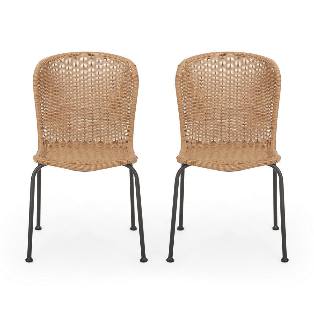 Outdoor Patio Chair Set of 2, Rattan Light Brown Wicker Weave, Scrolled By Casagear Home