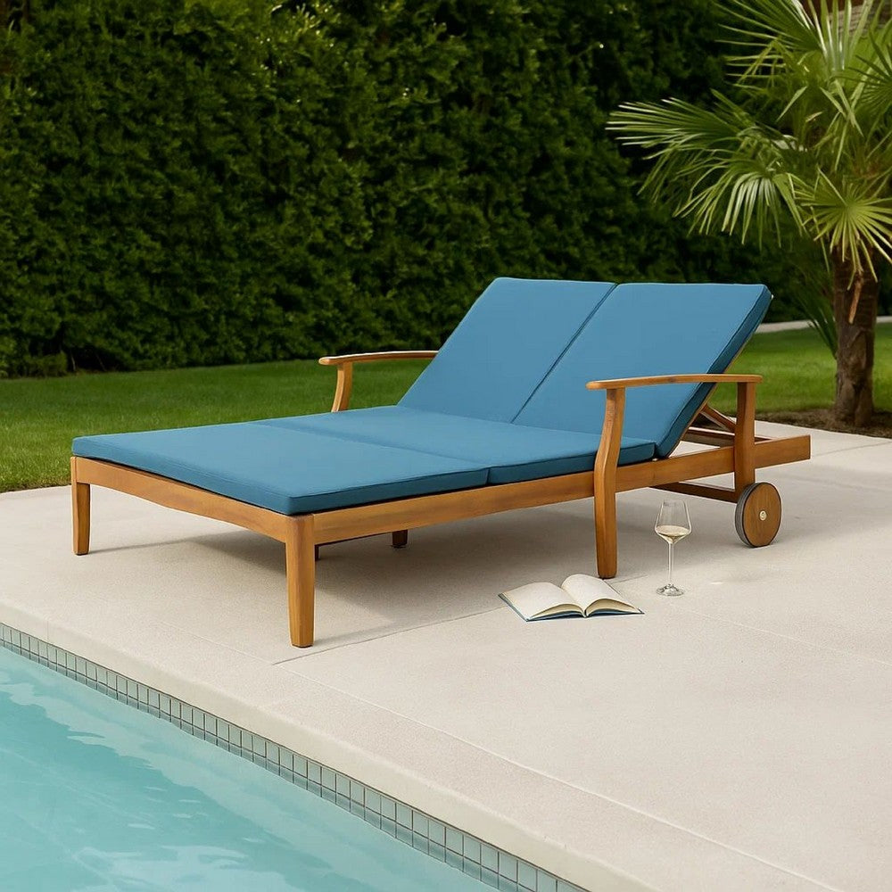 Hoye Double Chaise Lounger Recliner Bed, Outdoor, 79 Inch, Acacia Wood By Casagear Home
